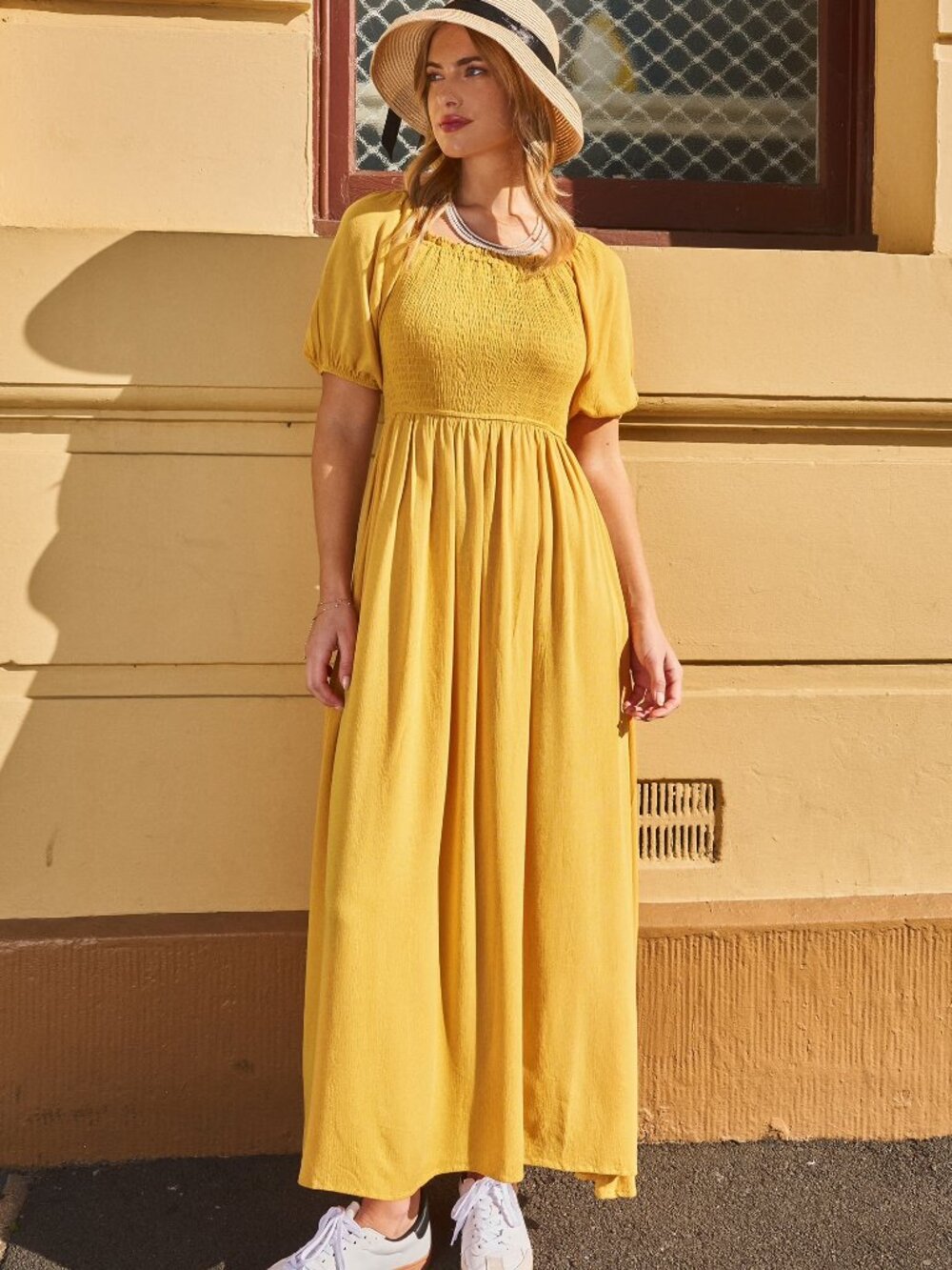NWT Cupshe Mustard Square Neck Smocked Bodice Puff Sleeve Maxi Dress Medium M